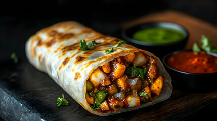 A delicious wrap filled with spiced vegetables, served with green and red sauces.