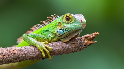 Obraz premium Green Iguana Lizard on Branch with Blurred Background