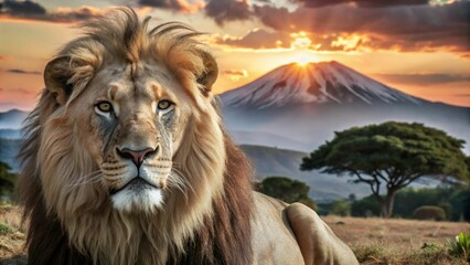 Lion on savanna at sunset with Mount Kilimanjaro in the background, capturing a serene safari.