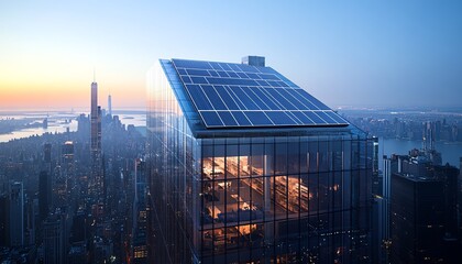 Fototapeta premium Innovative solar panel installation on a highrise building, with panels integrated into the glass facade and a bustling cityscape below