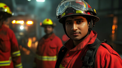 A firefighter in uniform stands confidently, surrounded by colleagues and equipment.