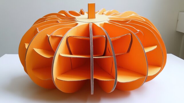 A large cardboard mandarin, divided into 24 sections, each section resembling a cell. The mandarin’s design features a segmented, puzzle-like appearance, with each part representing a distinct segment