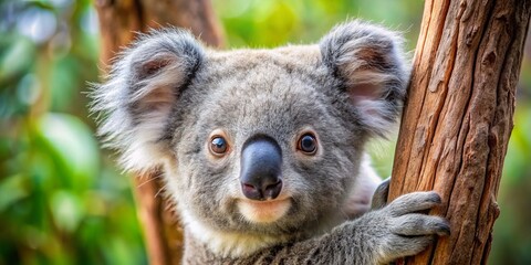 Naklejka premium A baby koala clings to a tree branch, its silky fur glistening in the sunlight, its large, dark