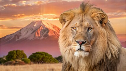 Lion on savanna at sunset with Mount Kilimanjaro in the background, capturing a serene safari.