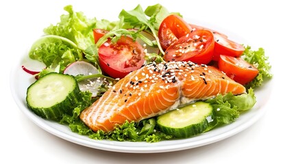A plate featuring salmon fish, fresh salad, and sesame seeds against a white background. This image highlights a well-presented, healthy meal with vibrant colors and textures,