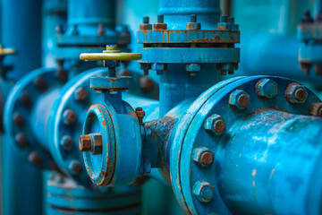 Water pump valves in power substations to supply clean water in large industrial estates. Water pipes and fittings.