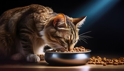 Cat Eating Dry Food in Bowl