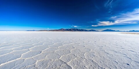 A breathtaking landscape unfolds as the white salt flats reach out to the distant horizon, framed by a
