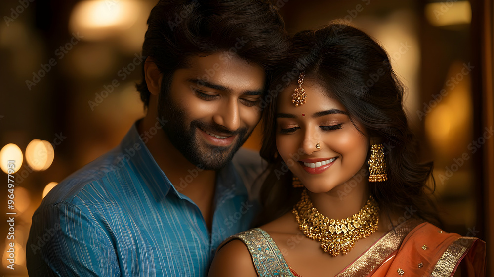 Poster A joyful couple in traditional attire, sharing a moment of happiness.