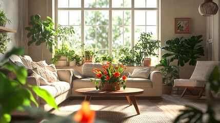 Fototapeta premium Lively Living Room with Neutral Color Scheme, Abundant Plants, and Wooden Table