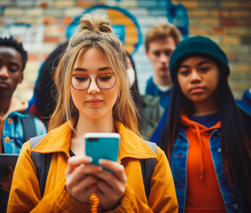 Fototapeta premium Young woman using a smart phone with her diverse and mixed group of friends behind her