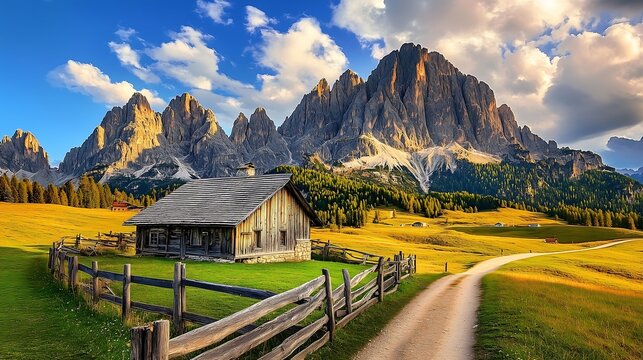 Stunning view of Peitlerkofel mountain from Passo delle Erbe in Dolomites, Alpe di Siusi. View of Sass de Putia Peitlerkofel at Passo delle Erbe, with wooden farm houses, Dolomites, South Tyrol Italy.