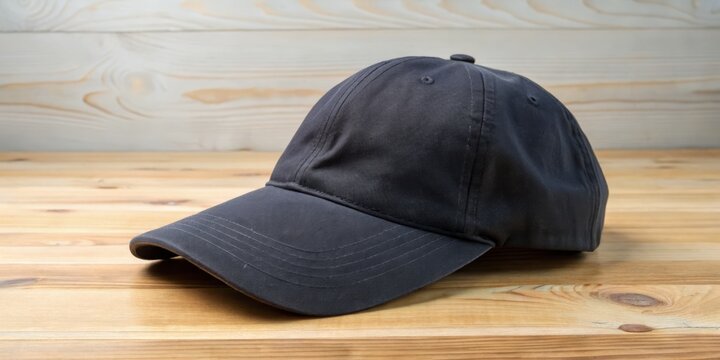 A casual black cotton hat hangs backwards on a wooden background with a crisp white hue, exuding a