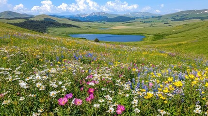 Fototapeta premium Mountain Meadow Wildflowers and Lake Landscape