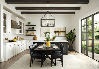 Beautiful Dining Room and Kitchen in a New Luxury Home. Open Floor Plan Concept.