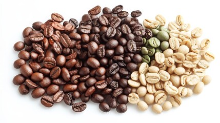 Rich Variety of Coffee Beans Close-up on White Background with Meticulous Details and Depth of Field