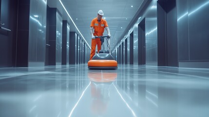 Professional janitorial staff using an industrial floor to clean