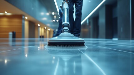 Professional janitorial staff using an industrial floor to clean