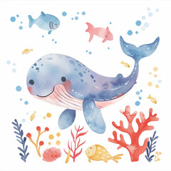 Obraz premium Adorable and Easy Watercolor: Journey to the Ocean in a Playful Cartoon Style