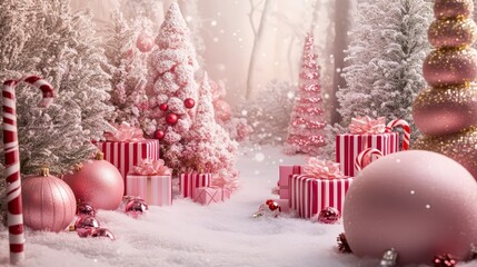 Enchanting Pink Christmas Wonderland in Snowy Forest with Candy Cane Trees and Presents