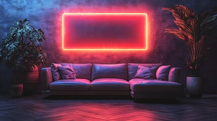 A modern living room with a red neon sign on the wall, a leather sofa, and plants in the corner.