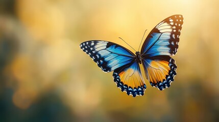 Obraz premium Beautiful Blue Butterfly Flying in Nature With Golden Blurred Background