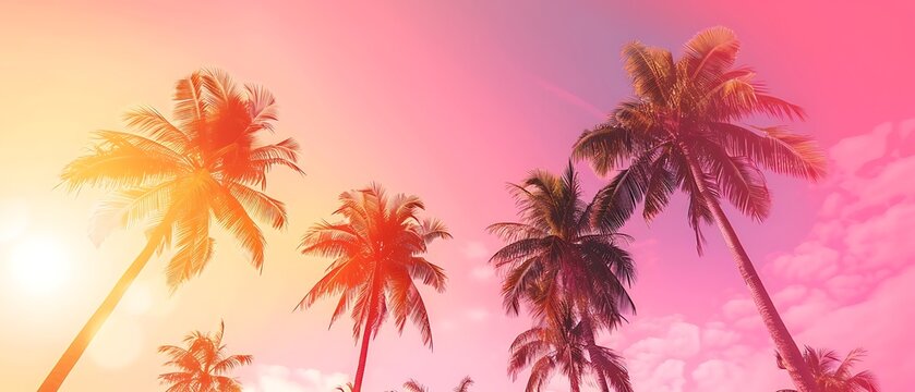 Serene tranquil tropical trees background concept. Coconut palms peaceful sunset sky. Exotic picturesque nature, colorful leaves, natural landscape. Summer tropical island holiday or vacation pattern.