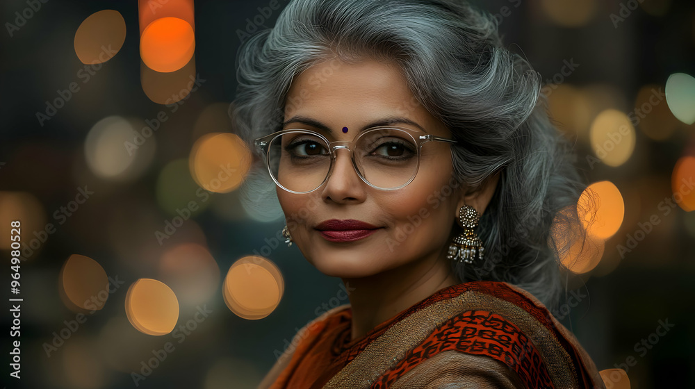 Wall mural A portrait of an elegant older woman with gray hair, wearing traditional attire and glasses.