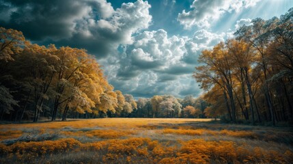 Fototapeta premium A wide-open autumn meadow filled with golden-hued trees, set against a dramatic sky filled with stormy clouds, creating a striking contrast..
