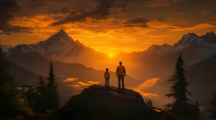 A serene sunset view with a man and a child overlooking mountains and valleys.