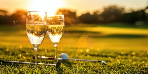Champagne flutes resting on the ground amidst a blurred backdrop of golf clubs on vibrant grass, symbolizing the conclusion of a rewarding day on the course.