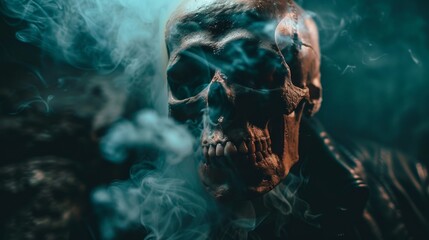 A close-up of a skull partially obscured by swirling smoke, creating an eerie and mysterious atmosphere with dark tones..