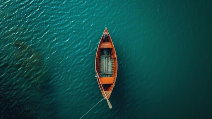 Fototapeta premium An aerial view of a small wooden boat floating on calm, teal-colored water, evoking a sense of solitude and peacefulness..