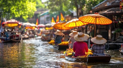 Obraz premium Floating Market in Thailand Traditional Boats with Vendors Selling Fruit Under Umbrellas