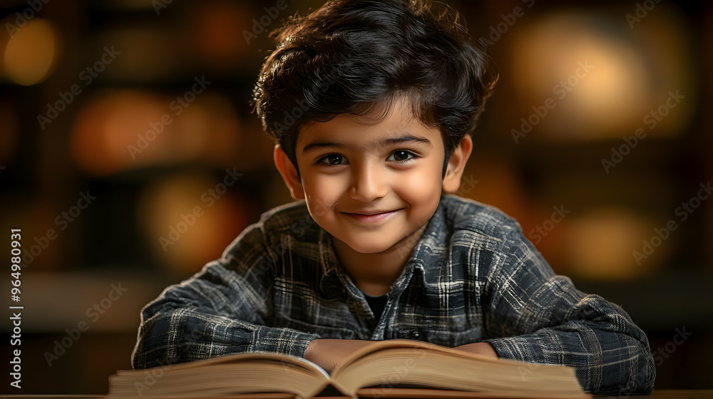 Wall mural A smiling boy with curly hair sitting at a table with a book, exuding joy and curiosity.