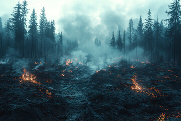 A forest reduced to charred remnants after a wildfire, with smoke lingering in the air. Concept of environmental destruction and the consequences of climate inaction.