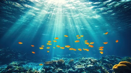 Fototapeta premium Underwater Coral Reef with Sunlight and Fish