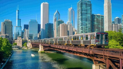 Fototapeta premium Train Crossing Chicago River Bridge with Skyline View
