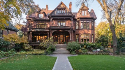 Victorian Mansion with Brick Facade  Stone Steps  and Lush Greenery