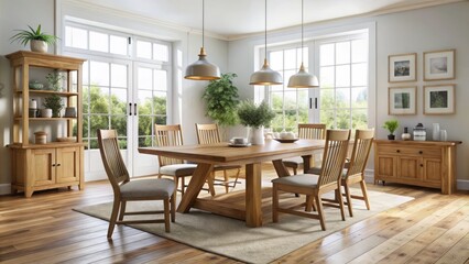 Fototapeta premium A rustic oak dining table stands out in a bright and airy dining room, its warm tones contrasting