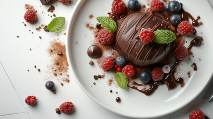 A chocolate dessert with raspberries and mint leaves on top of a white plate. The dessert is topped with chocolate sauce and has a chocolate cake in the center