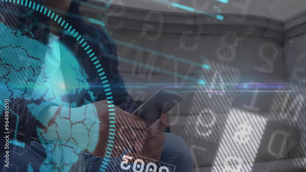 Poster animation of data processing and globe over biracial man using smartphone