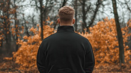 Man in Black Jacket Looking at Autumn Forest