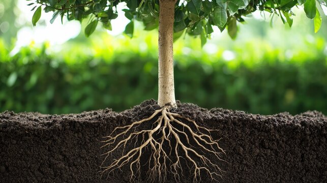 Tree Roots in Soil with Green Background