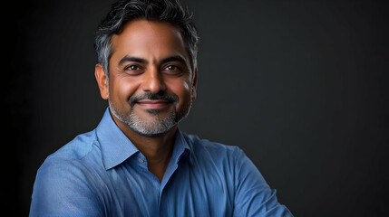 Obraz premium A smiling man in a blue shirt poses confidently against a dark background.
