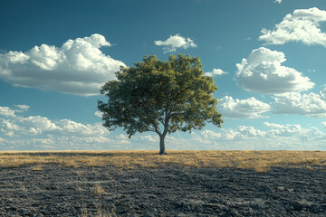 A barren field with a single tree struggling to thrive under a cloudless sky. Concept of land degradation and the loss of arable land.