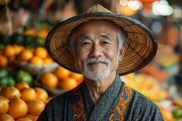 An elderly man wearing traditional attire in a bustling market, showcasing the cultural heritage of...