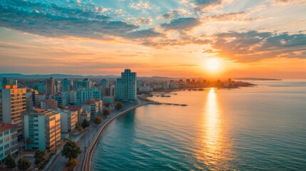 A breathtaking sunset over a city skyline by the sea, with vibrant colors reflecting on the water, capturing urban serenity..