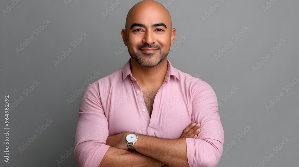 Poster A smiling man with crossed arms, wearing a pink shirt and watch, against a gray background.