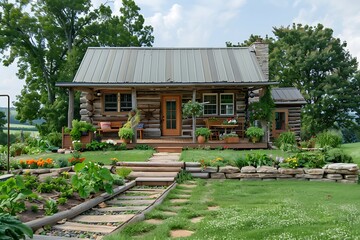 Quaint log cabin with front porch in a rural setting